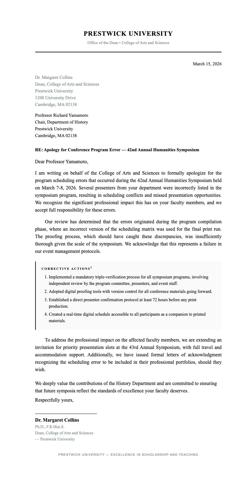 Academic formal apology letter